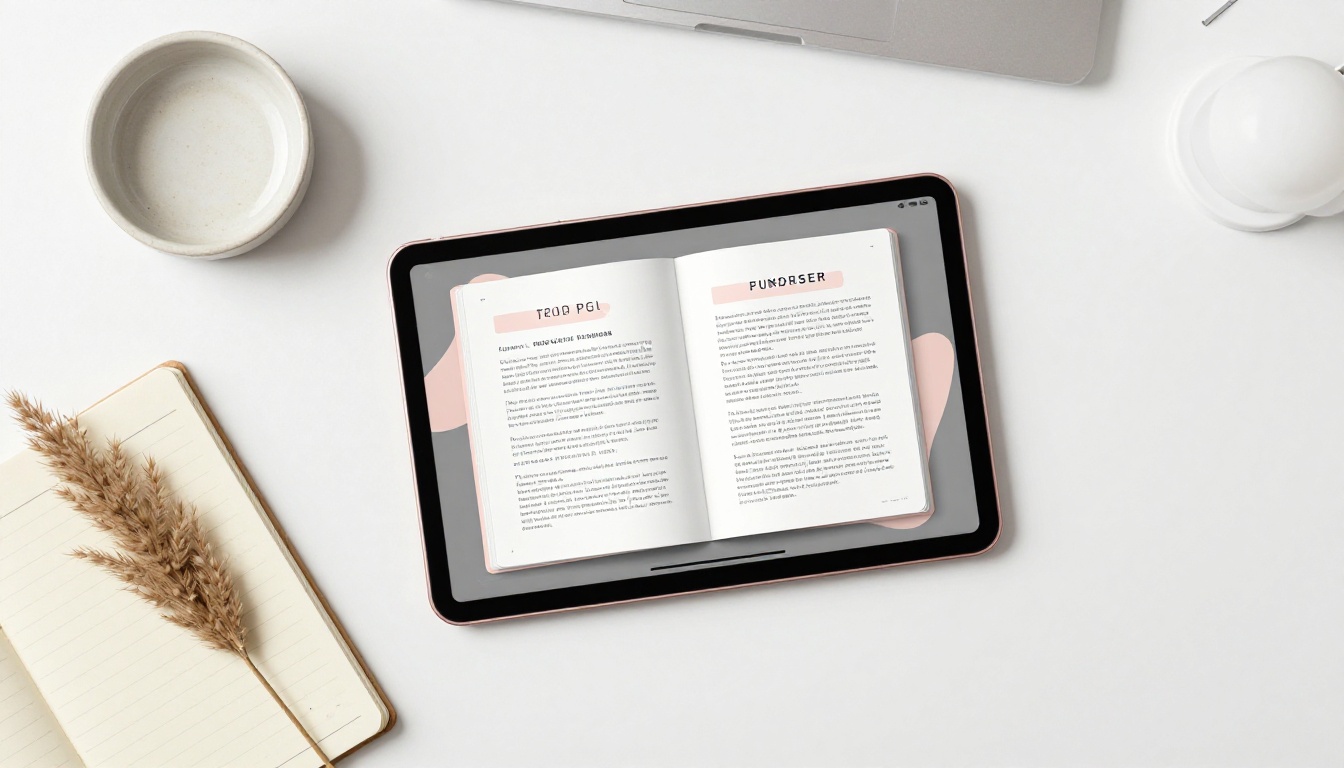 Aerial flat-lay of a rose gold iPad showing a digital flipbook surrounded by minimal stationery Aerial flat-lay of a rose gold iPad showing a digital flipbook surrounded by minimal stationery