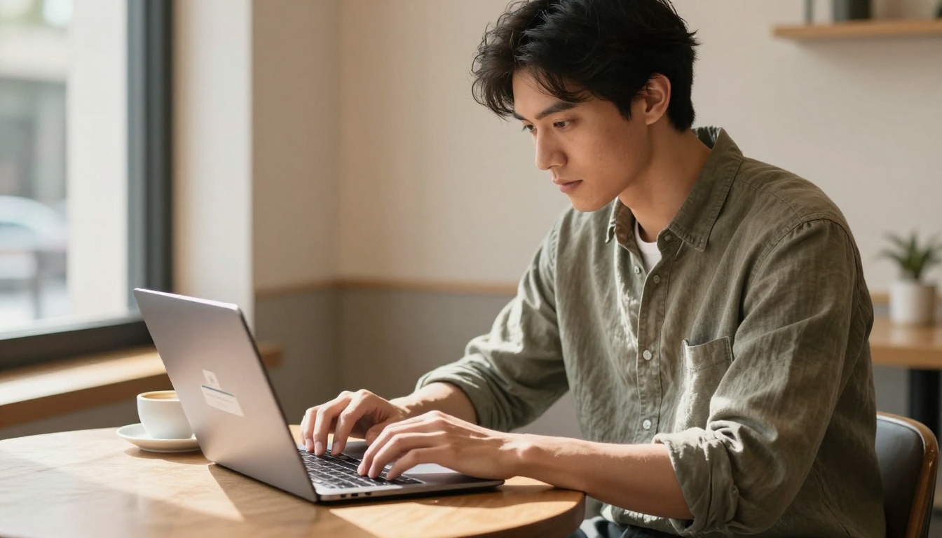 Young creative professional uploading a PDF document on his laptop in a bright minimalist café Young creative professional uploading a PDF document on his laptop in a bright minimalist café