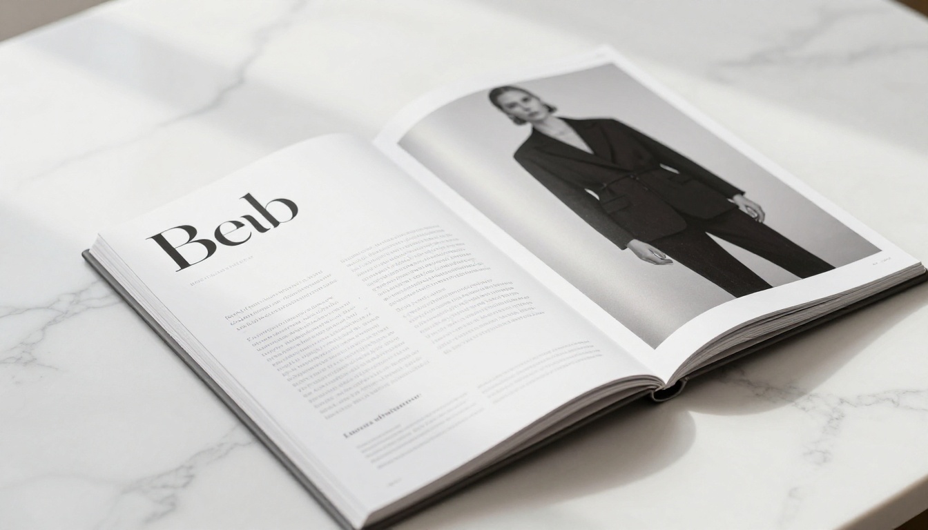 Luxury fashion lookbook displayed on an iPad Air resting on white marble surface Luxury fashion lookbook displayed on an iPad Air resting on white marble surface