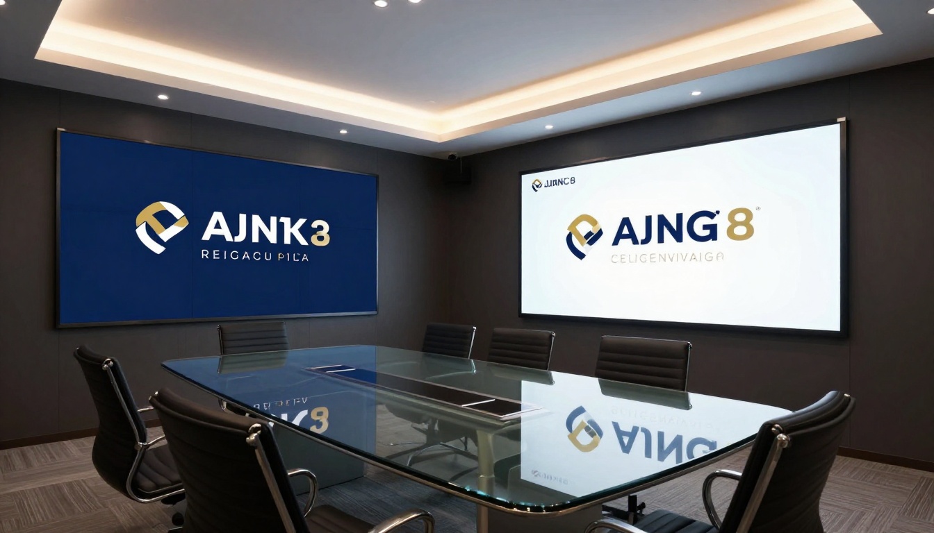 Modern conference room with a branded interactive presentation on a large wall-mounted screen Modern conference room with a branded interactive presentation on a large wall-mounted screen