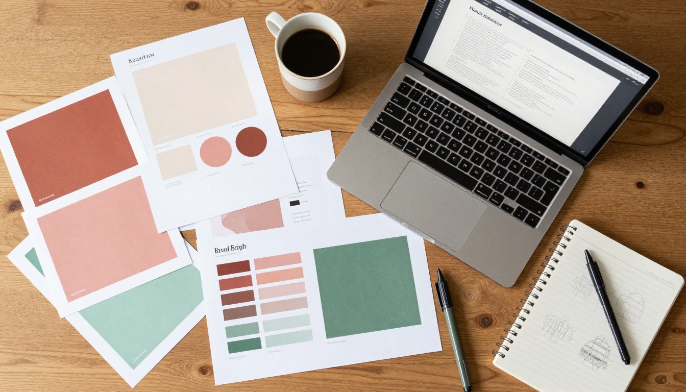 Aerial overhead view of a brand designer's desk with color palette samples, markers, and a MacBook Aerial overhead view of a brand designer's desk with color palette samples, markers, and a MacBook