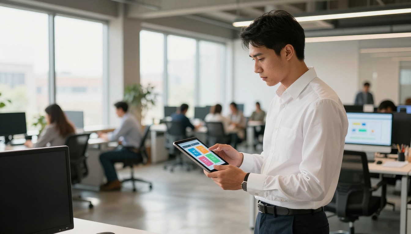 Marketing professional standing in modern open-plan office reviewing a tablet showing digital flipbook pages Marketing professional standing in modern open-plan office reviewing a tablet showing digital flipbook pages