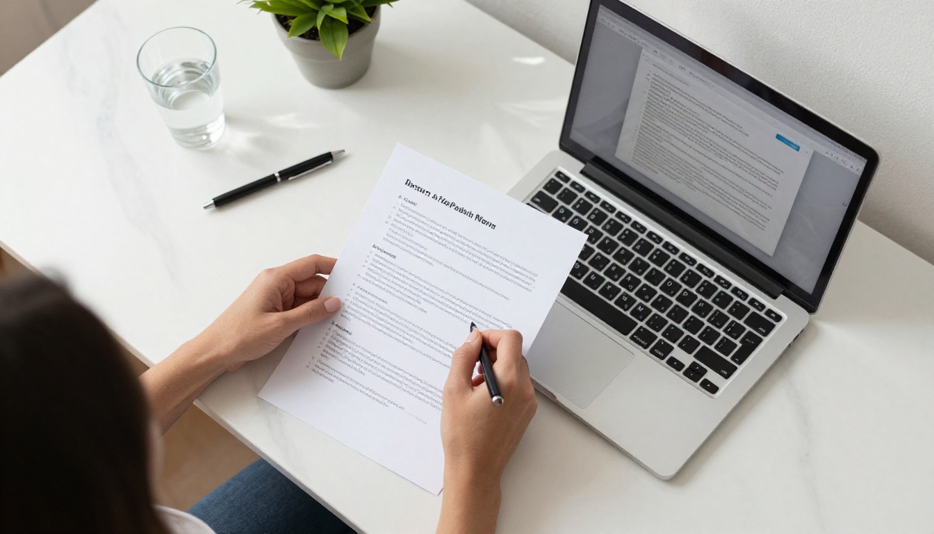 Aerial overhead shot of hands placing a printed document next to a laptop showing a digital flipbook interface on marble desk Aerial overhead shot of hands placing a printed document next to a laptop showing a digital flipbook interface on marble desk