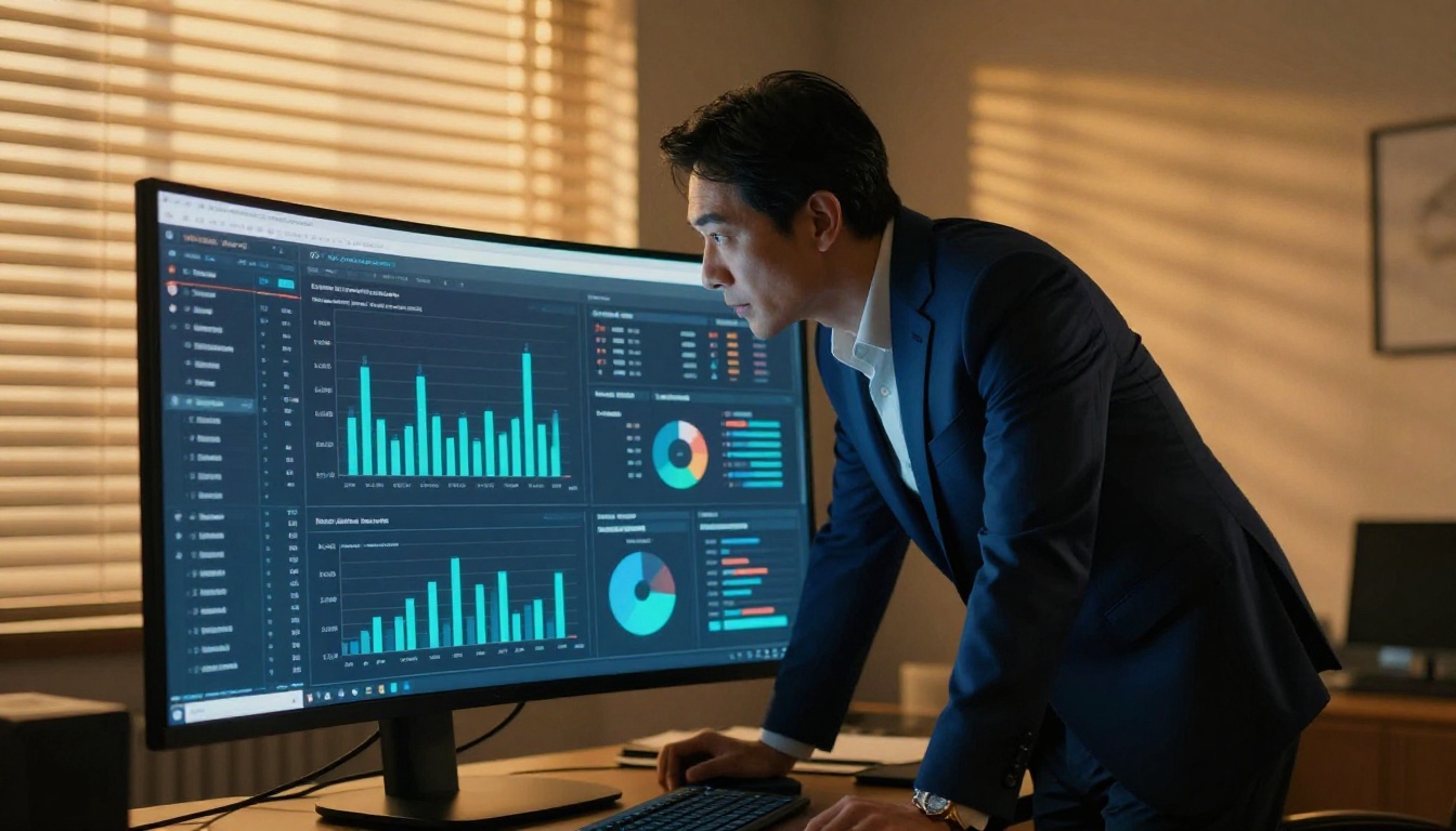 Businessman in navy suit leaning forward to study analytics charts on a large curved monitor in dimly lit office at golden hour Businessman in navy suit leaning forward to study analytics charts on a large curved monitor in dimly lit office at golden hour