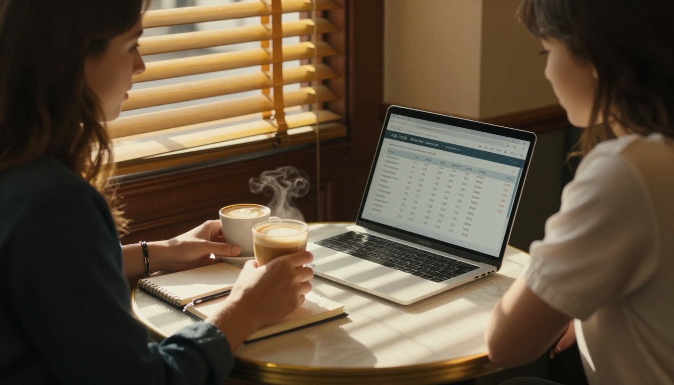 Young woman reviewing pricing plan tiers on laptop at warm afternoon cafe with striped golden light through blinds Young woman reviewing pricing plan tiers on laptop at warm afternoon cafe with striped golden light through blinds