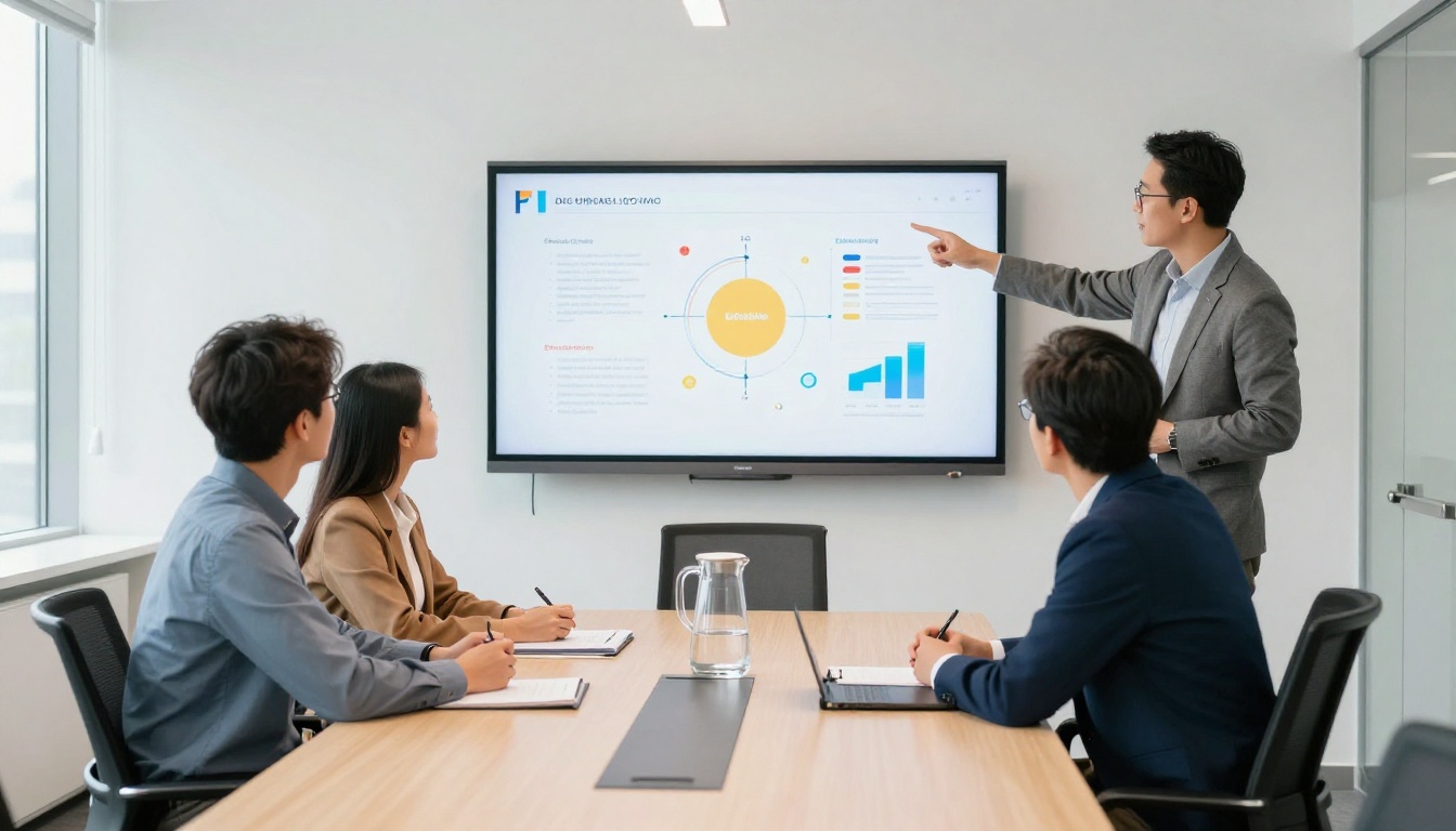 Business team of three professionals reviewing colorful digital flipbook on large monitor in bright conference room Business team of three professionals reviewing colorful digital flipbook on large monitor in bright conference room