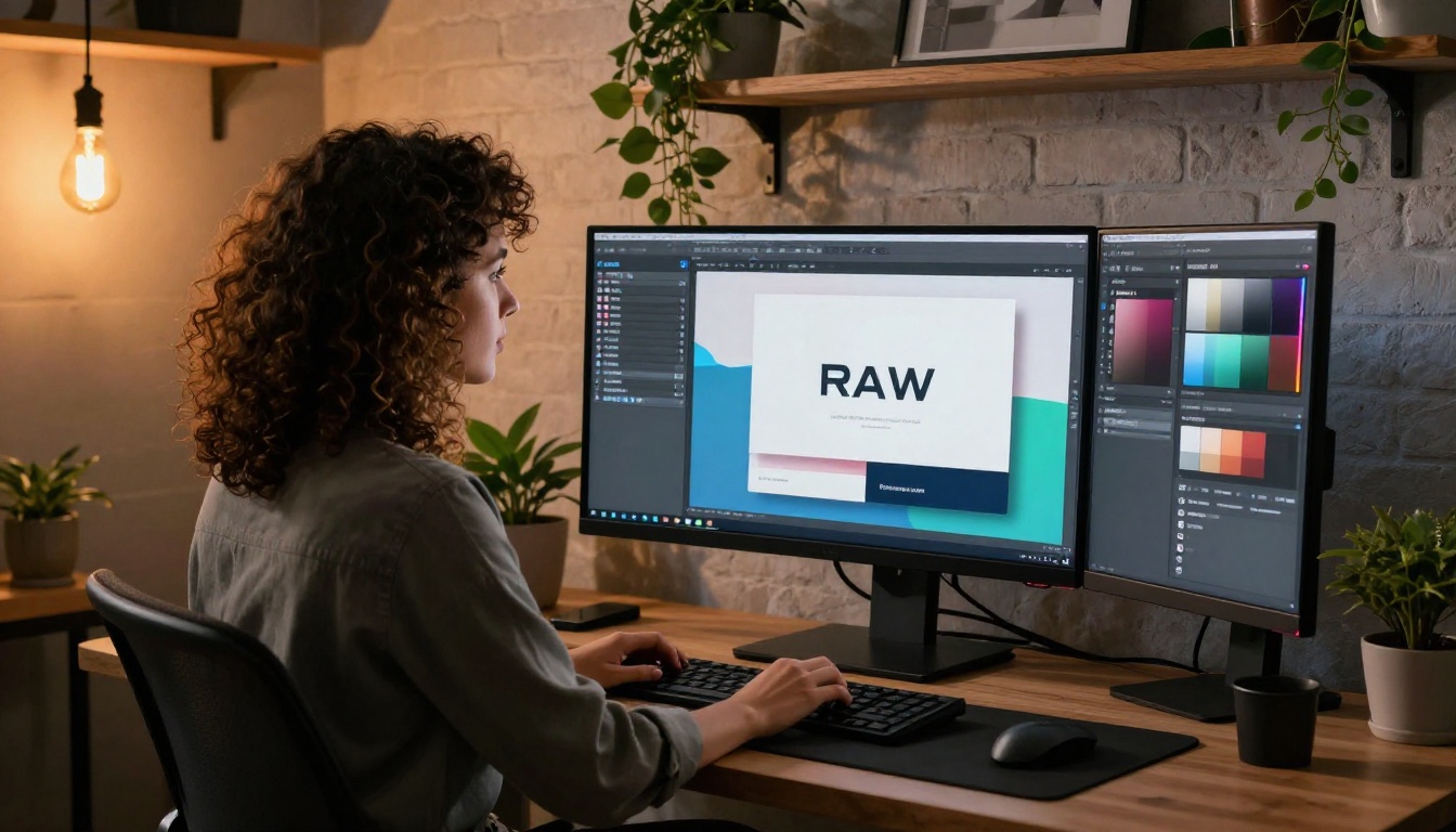 Female graphic designer at dual-monitor standing desk customizing a branded flipbook in a warm creative studio with brick walls Female graphic designer at dual-monitor standing desk customizing a branded flipbook in a warm creative studio with brick walls