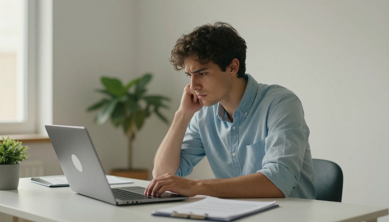 Young professional man with frustrated expression staring at laptop showing a watermarked document at a minimalist desk Young professional man with frustrated expression staring at laptop showing a watermarked document at a minimalist desk