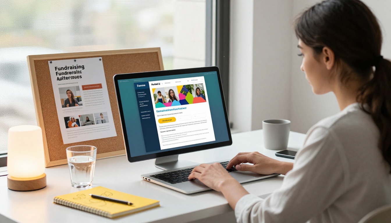 Professional woman designing a fundraising brochure layout on laptop in a modern co-working space