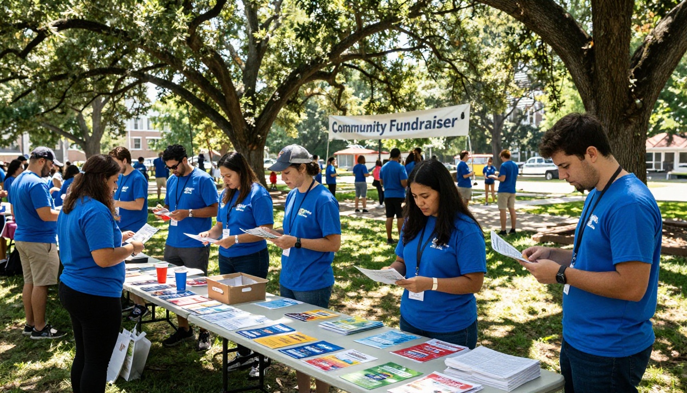Enthusiastic charity event volunteers distributing colorful fundraising brochures at a sunny outdoor community event in a city park