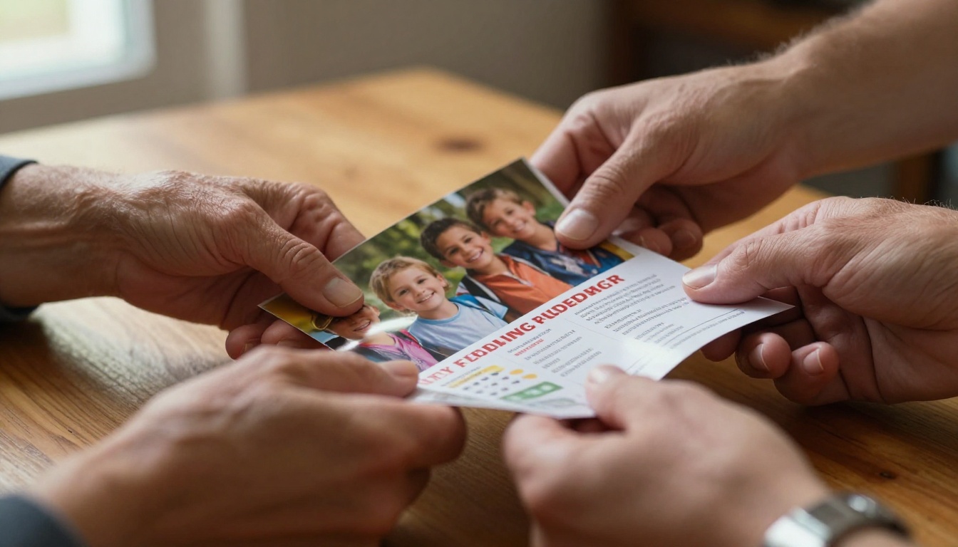 Two pairs of hands holding open a glossy printed fundraising brochure together, showing donation tiers and charity photography