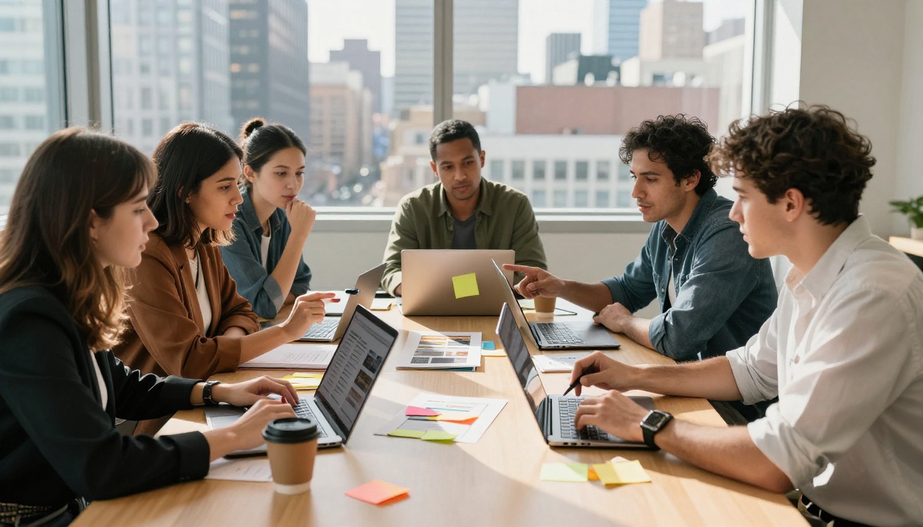 Diverse nonprofit team of four collaborating around a conference table with laptops, printed brochure mockups, and sticky notes