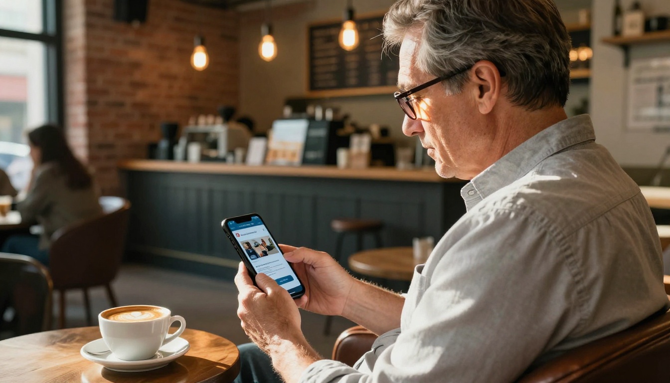 Middle-aged donor with reading glasses browsing a digital fundraising brochure on smartphone at a sunlit coffee shop