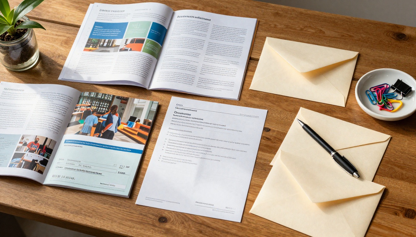 Overhead flat-lay of nonprofit fundraising materials including open tri-fold brochures, donation envelopes, and a pen on a warm wooden desk