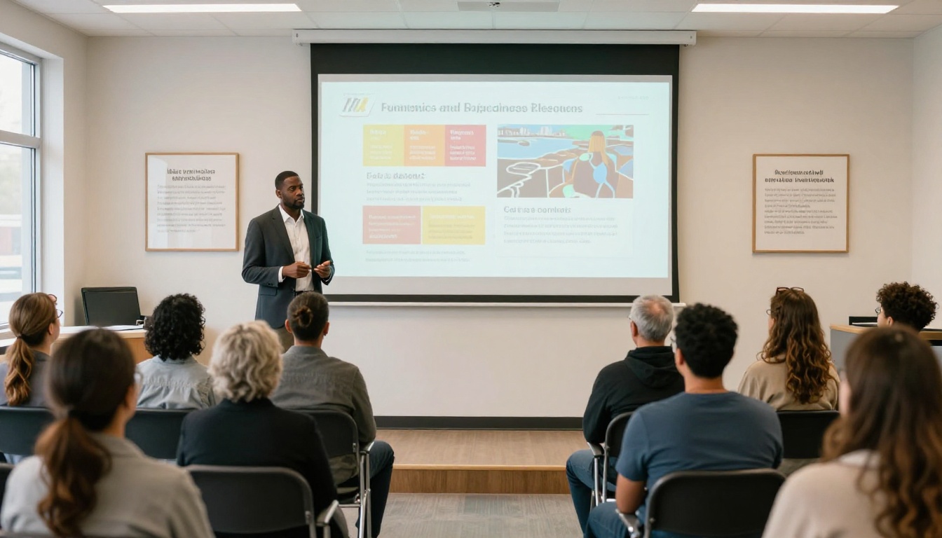 Nonprofit executive director presenting a projected digital fundraising brochure to an attentive community audience
