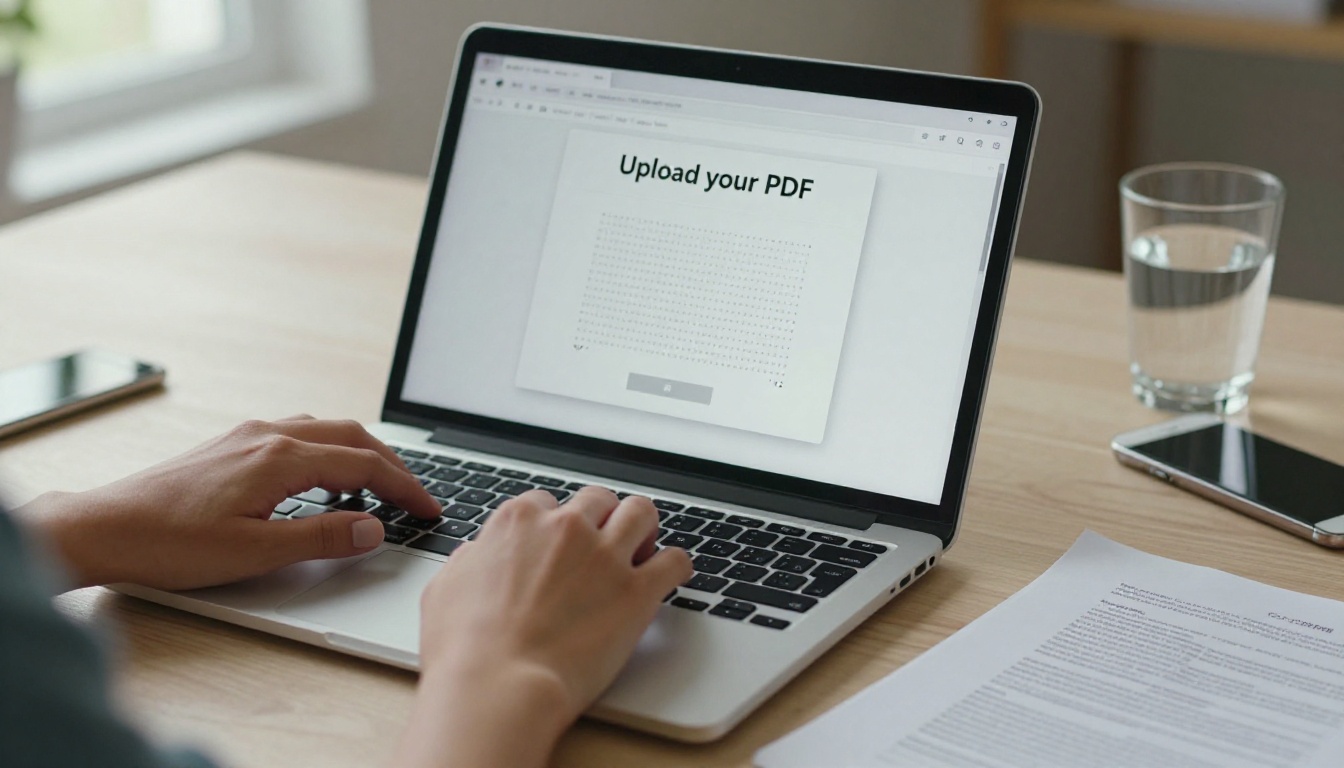 Close-up of hands uploading a PDF document to a laptop trackpad with a drag-and-drop interface on screen