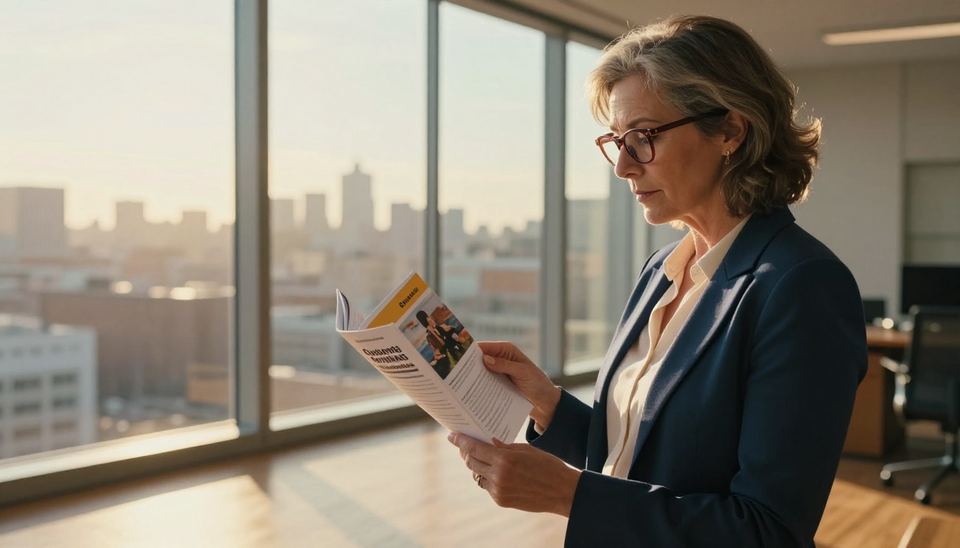 Nonprofit director standing by a tall office window in golden afternoon light, carefully reviewing a printed fundraising brochure
