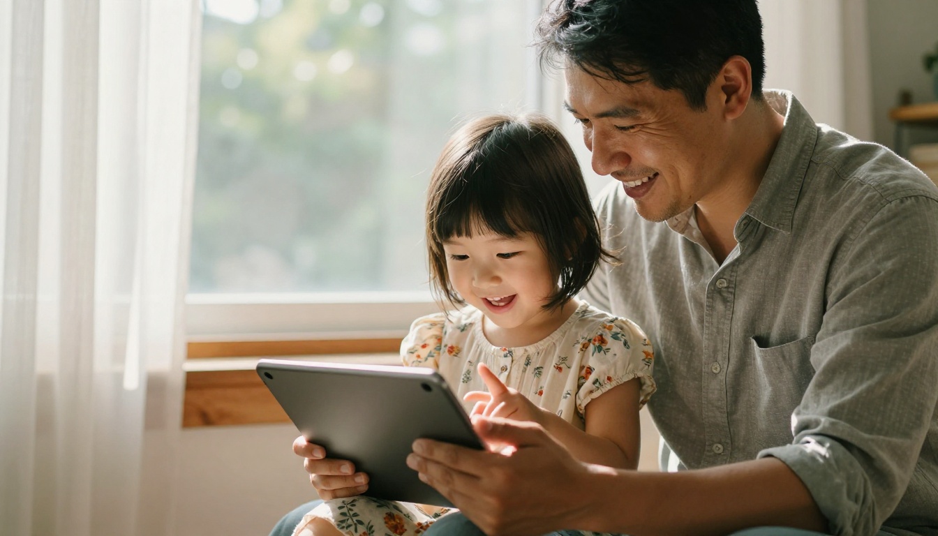 Father and daughter reading a digital storybook together on a tablet near a sunny window Father and daughter reading a digital storybook together on a tablet near a sunny window
