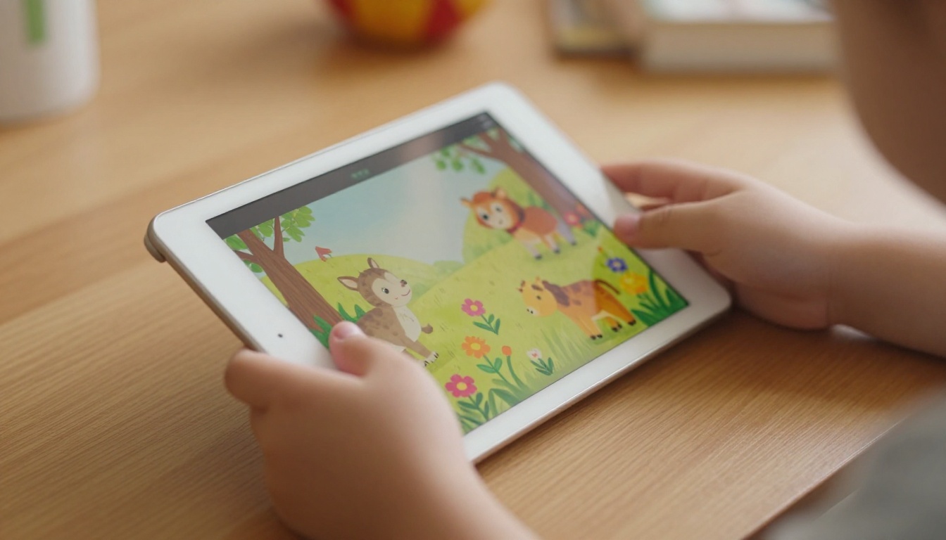 Child's hands holding a tablet displaying a colorful storybook page with animals and flowers Child's hands holding a tablet displaying a colorful storybook page with animals and flowers