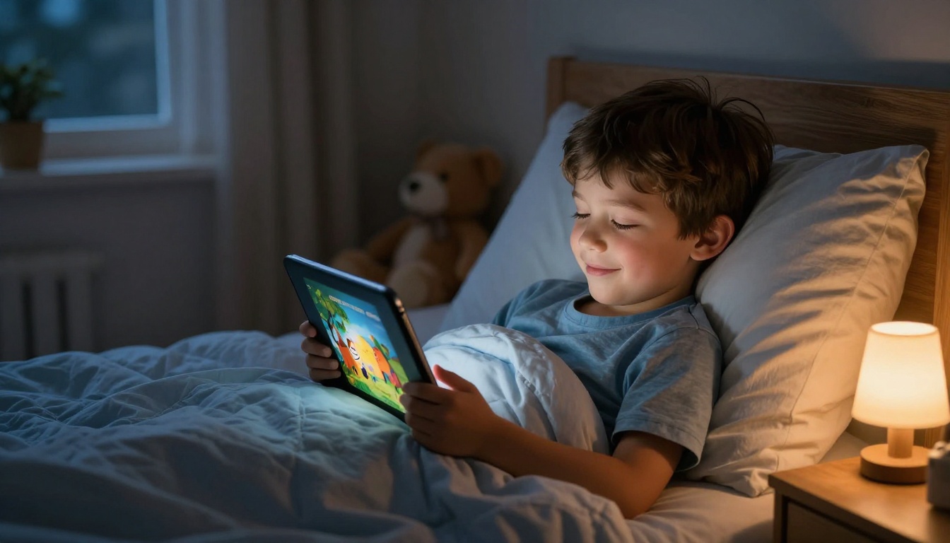A young boy tucked into bed at night holding a glowing digital storybook by warm lamplight A young boy tucked into bed at night holding a glowing digital storybook by warm lamplight