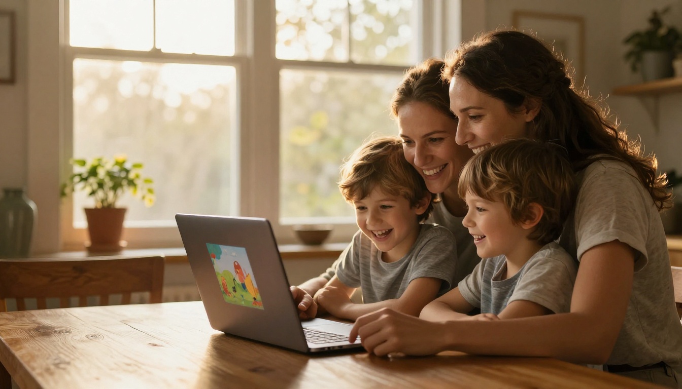 A whole family gathered joyfully around a laptop displaying a colorful digital storybook together A whole family gathered joyfully around a laptop displaying a colorful digital storybook together