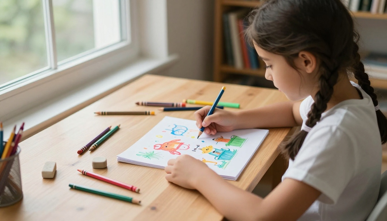 A young girl drawing storybook illustrations at a wooden desk with art supplies in natural daylight A young girl drawing storybook illustrations at a wooden desk with art supplies in natural daylight
