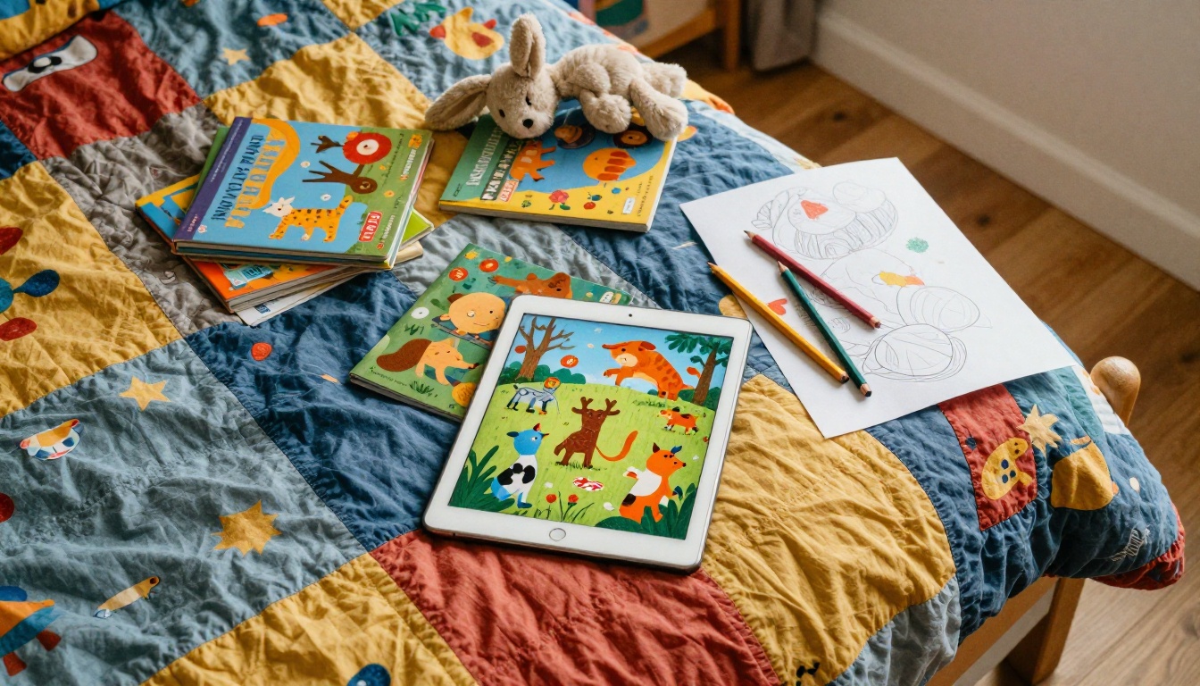 Aerial view of a cozy child's bedroom with a tablet showing a bright digital storybook surrounded by books and a stuffed rabbit on a patchwork bedspread Aerial view of a cozy child's bedroom with a tablet showing a bright digital storybook surrounded by books and a stuffed rabbit on a patchwork bedspread