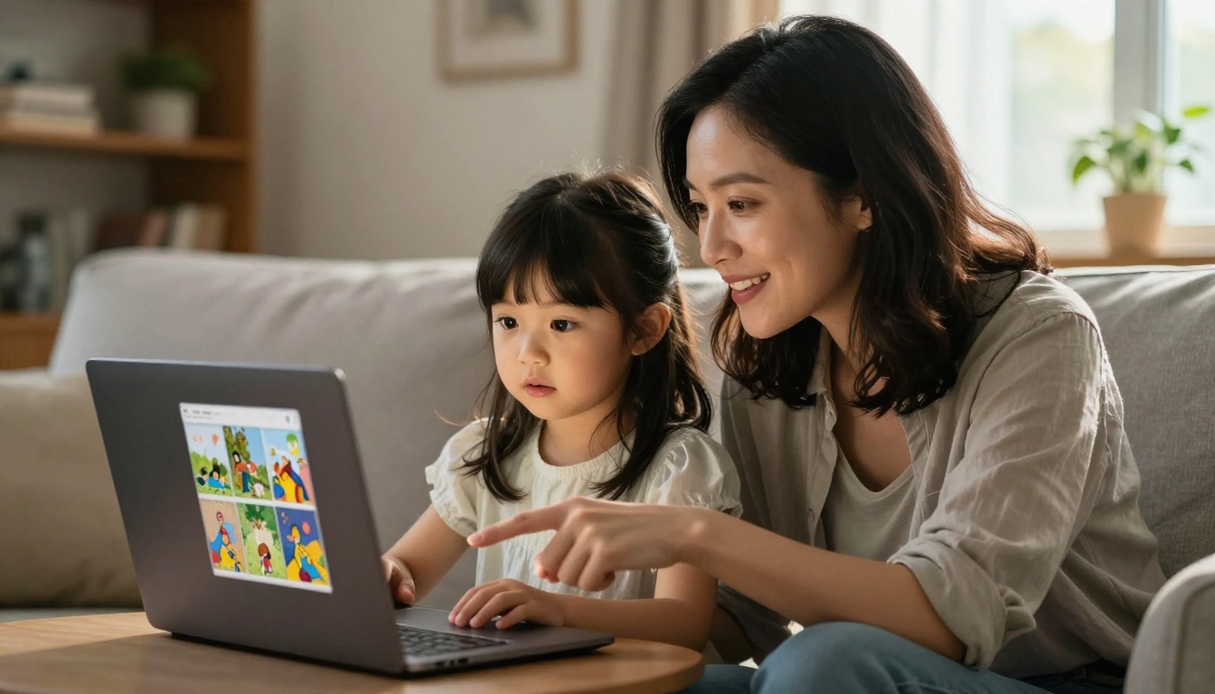 A mother and young daughter sitting together on a couch collaborating on a digital storybook on a laptop A mother and young daughter sitting together on a couch collaborating on a digital storybook on a laptop