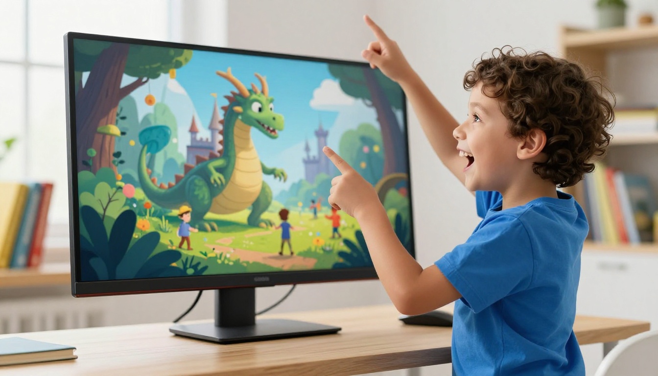 Young boy with big excited smile pointing at a colorful digital storybook on a monitor in a bright playroom Young boy with big excited smile pointing at a colorful digital storybook on a monitor in a bright playroom