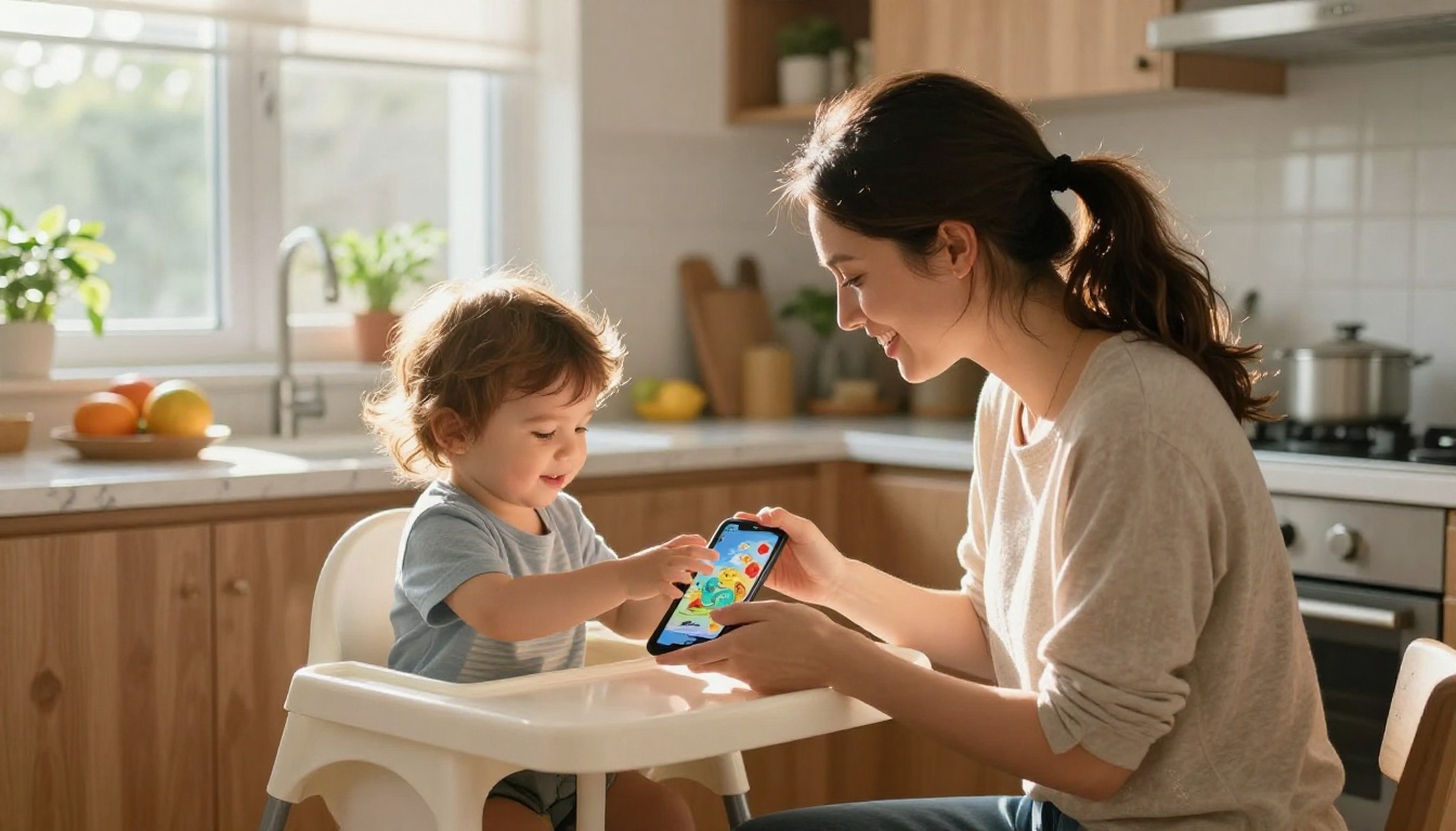 A young mother crouching beside her toddler at a sunny kitchen counter, showing the child a bright colorful storybook on a smartphone A young mother crouching beside her toddler at a sunny kitchen counter, showing the child a bright colorful storybook on a smartphone