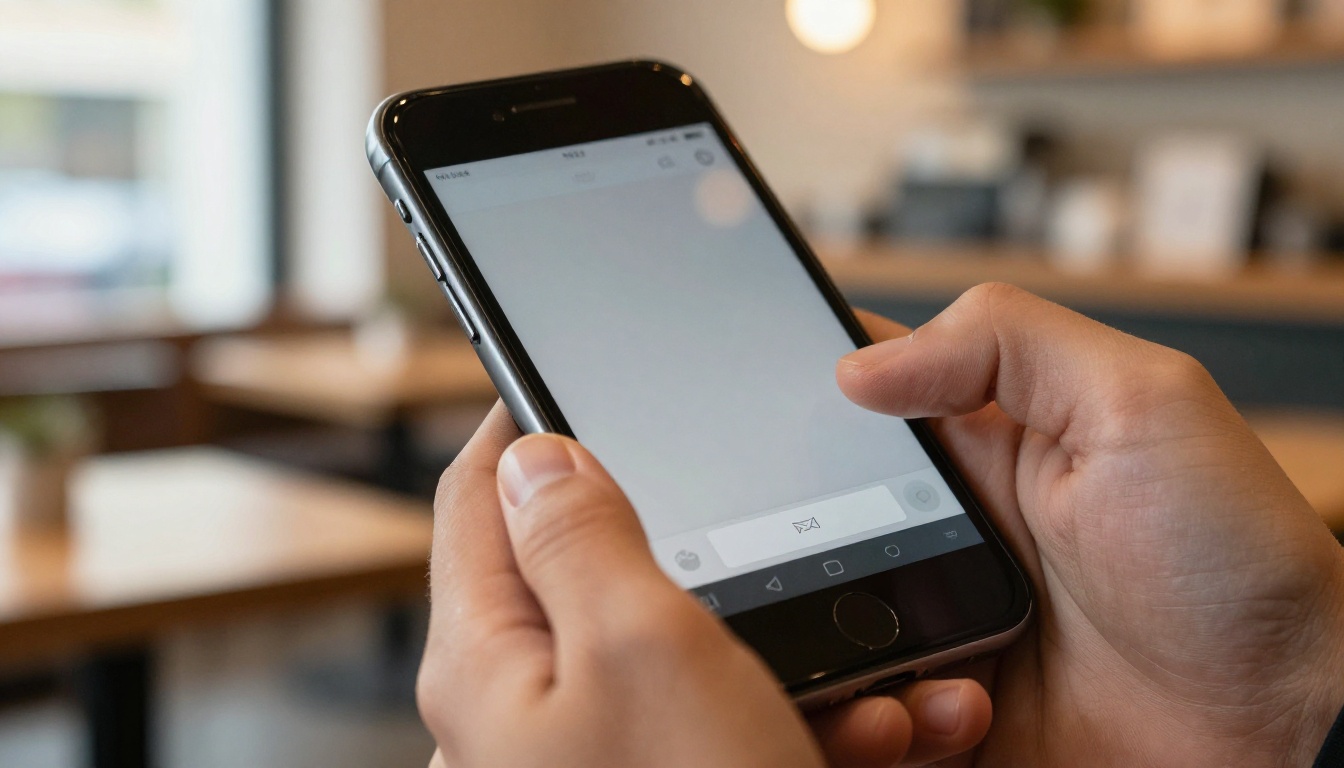 Smartphone close-up showing digital flipbook with email capture form overlay, warm blurred cafe background, diffused daylight