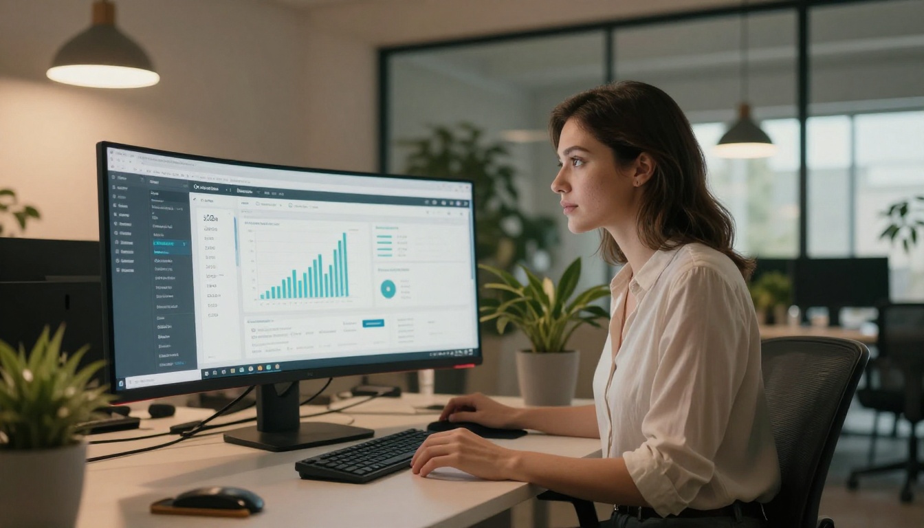 Marketing professional reviewing email analytics and flipbook dashboard on dual monitors in modern office
