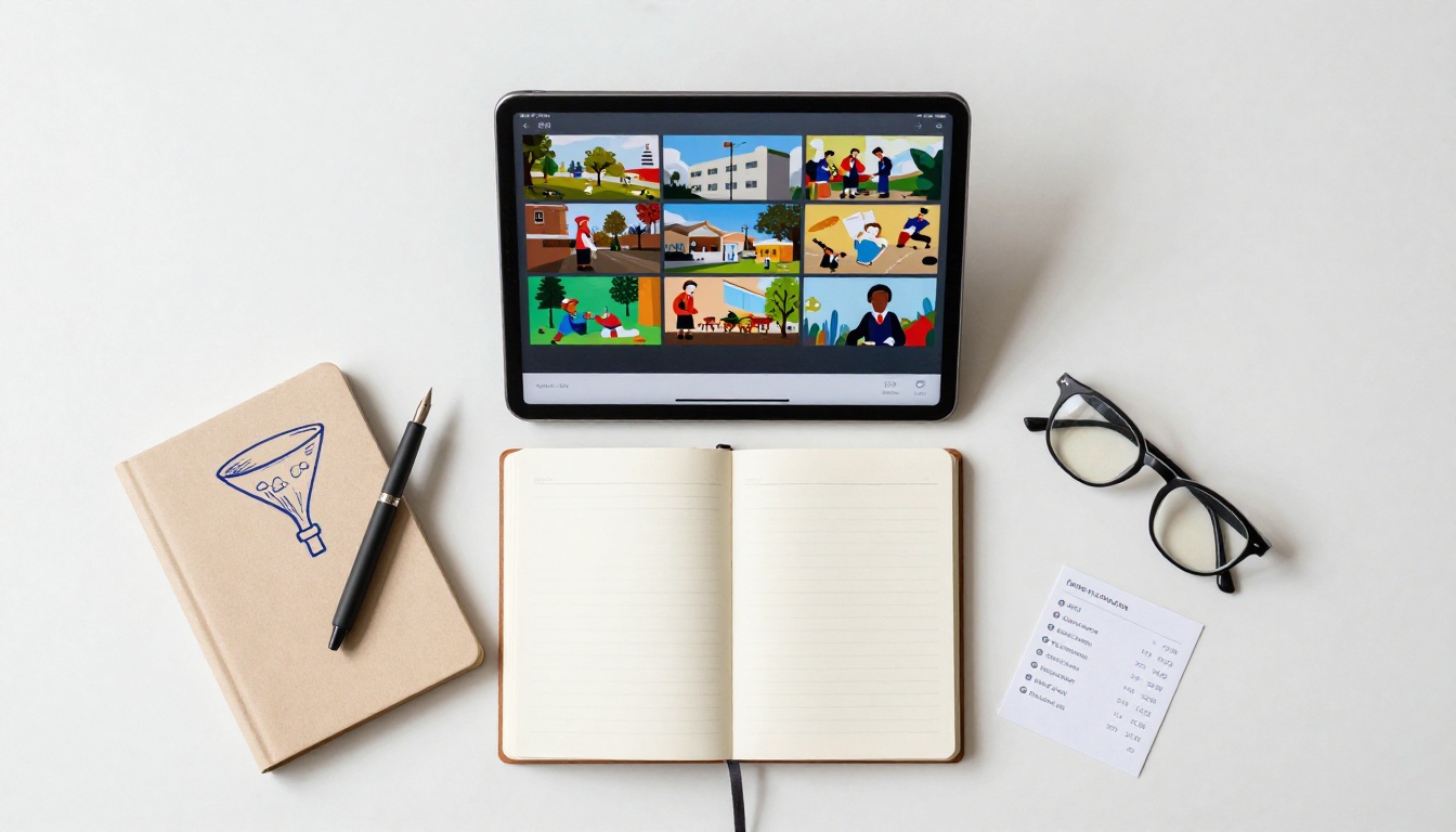 Flat-lay overhead shot of tablet with flipbook, notebook with funnel diagram, pen, and email analytics papers on white marble