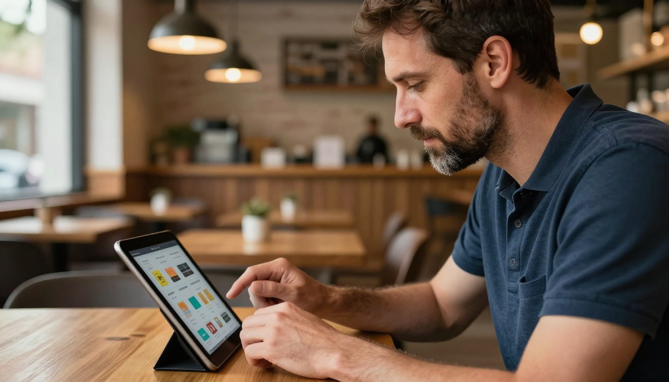 Business owner in coffee shop reading a digital flipbook product catalog on iPad with warm cafe ambiance