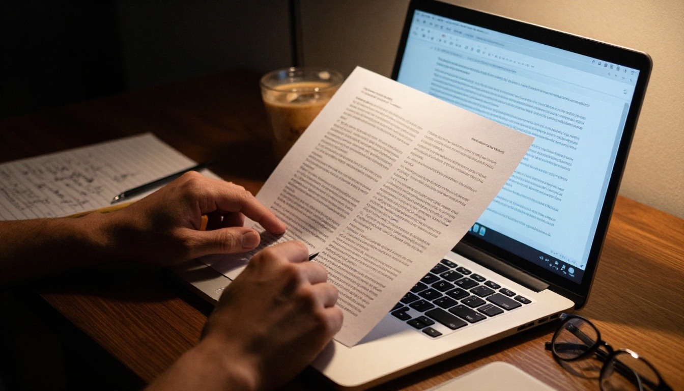 Person scrolling through a long PDF document on a laptop with frustration Person scrolling through a long PDF document on a laptop with frustration