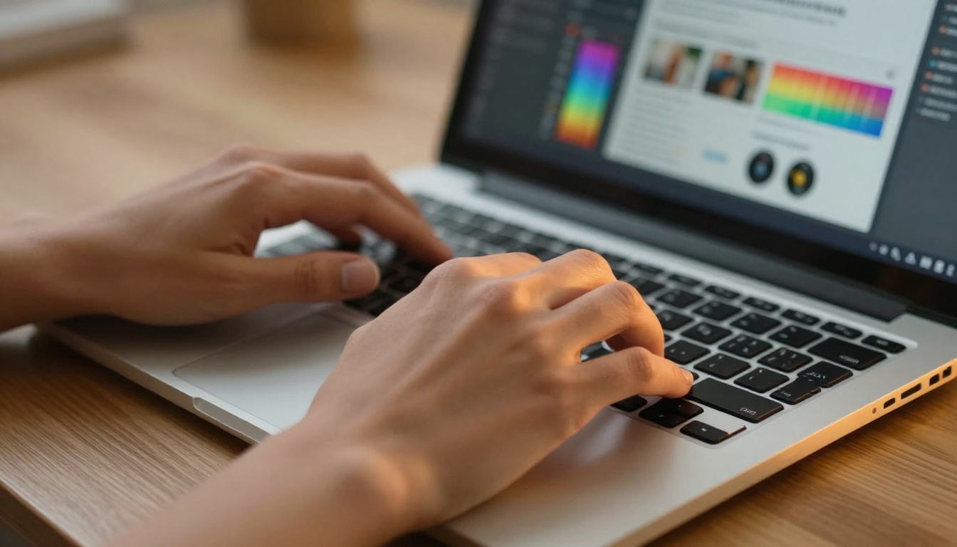 Woman's hands typing on laptop with flipbook creation interface showing color picker and drag-drop tools on screen