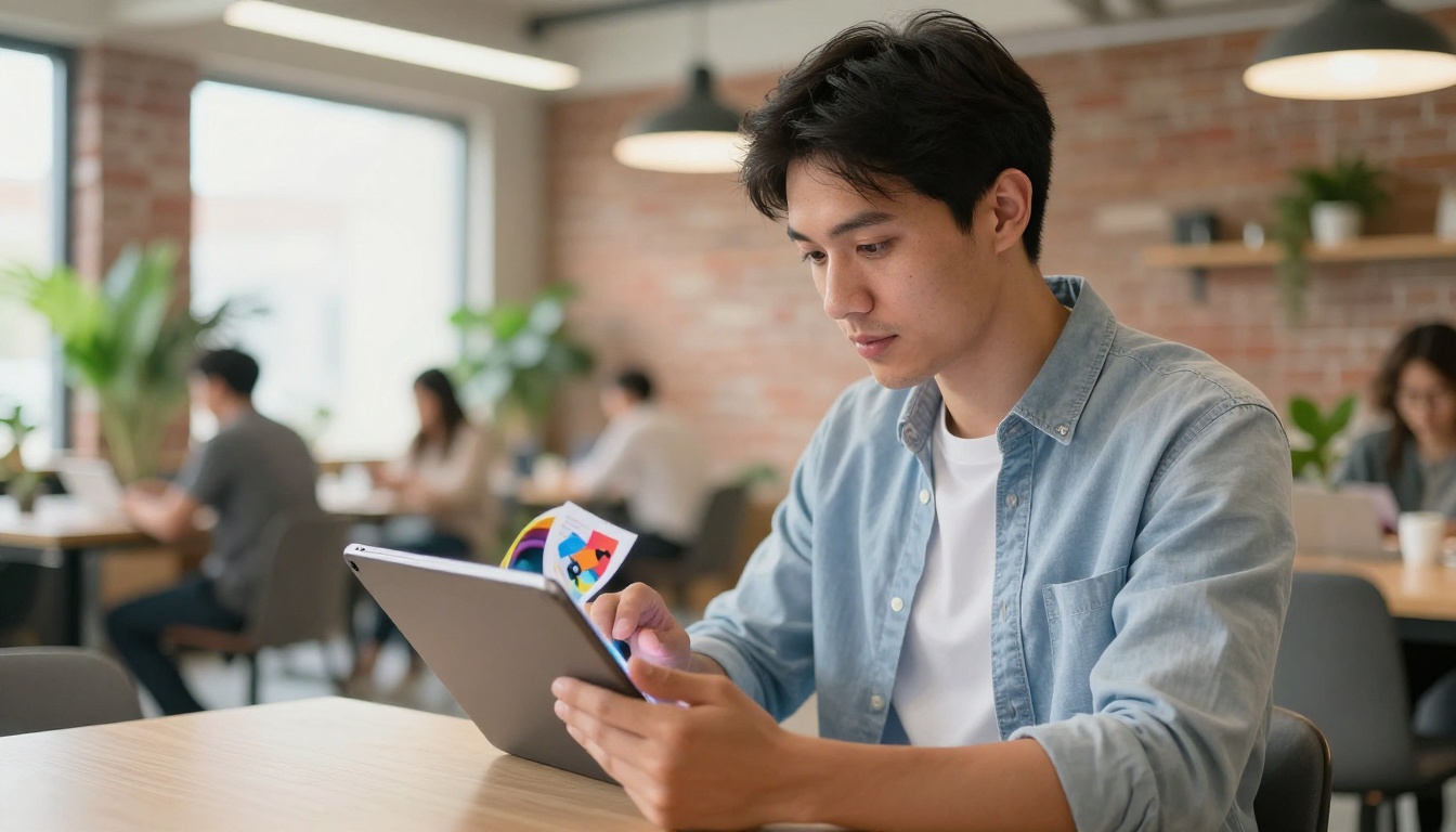 Young professional swiping through interactive flipbook on tablet in co-working space Young professional swiping through interactive flipbook on tablet in co-working space