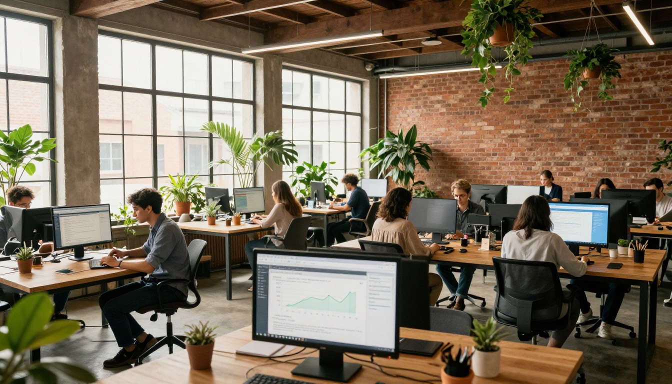Wide low-angle shot of coworking space with professionals at desks, foreground monitor showing email marketing analytics dashboard