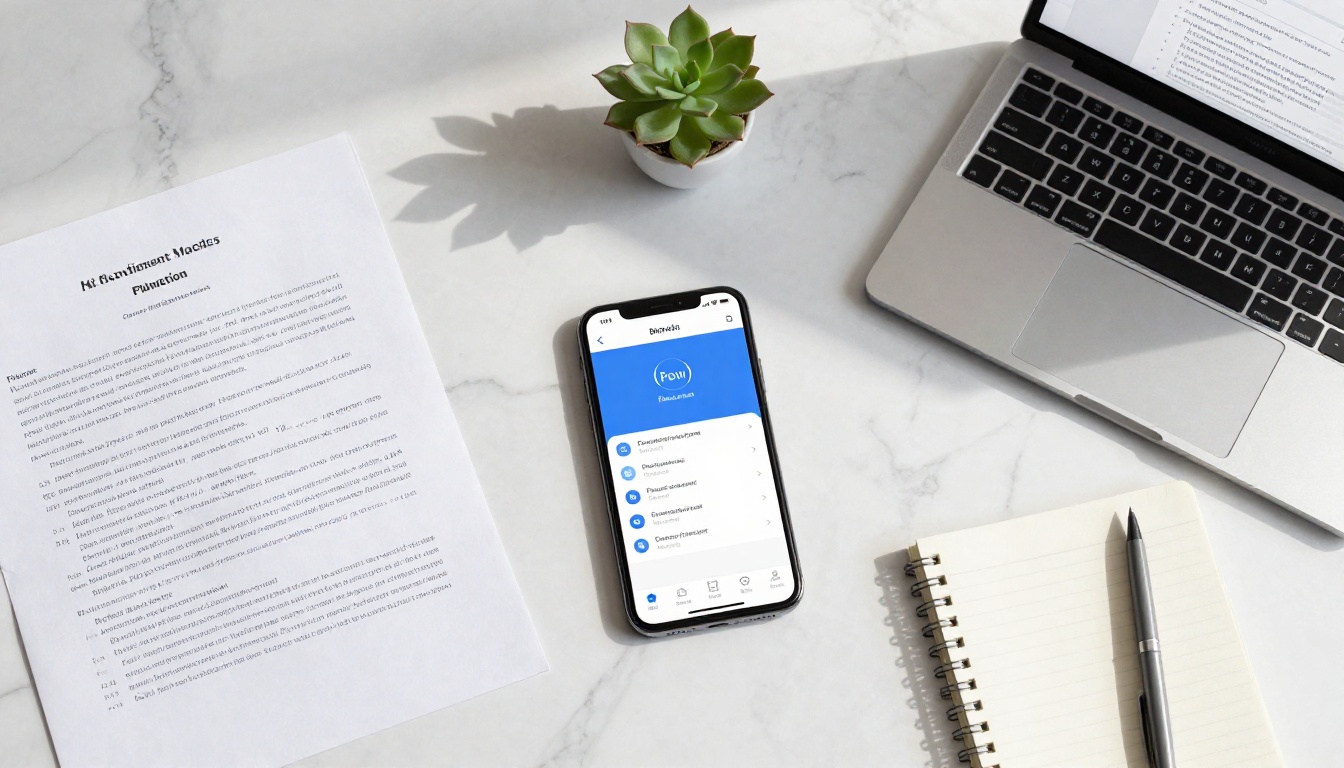 Overhead flat lay showing printed document, smartphone with flipbook, and laptop on white marble desk Overhead flat lay showing printed document, smartphone with flipbook, and laptop on white marble desk