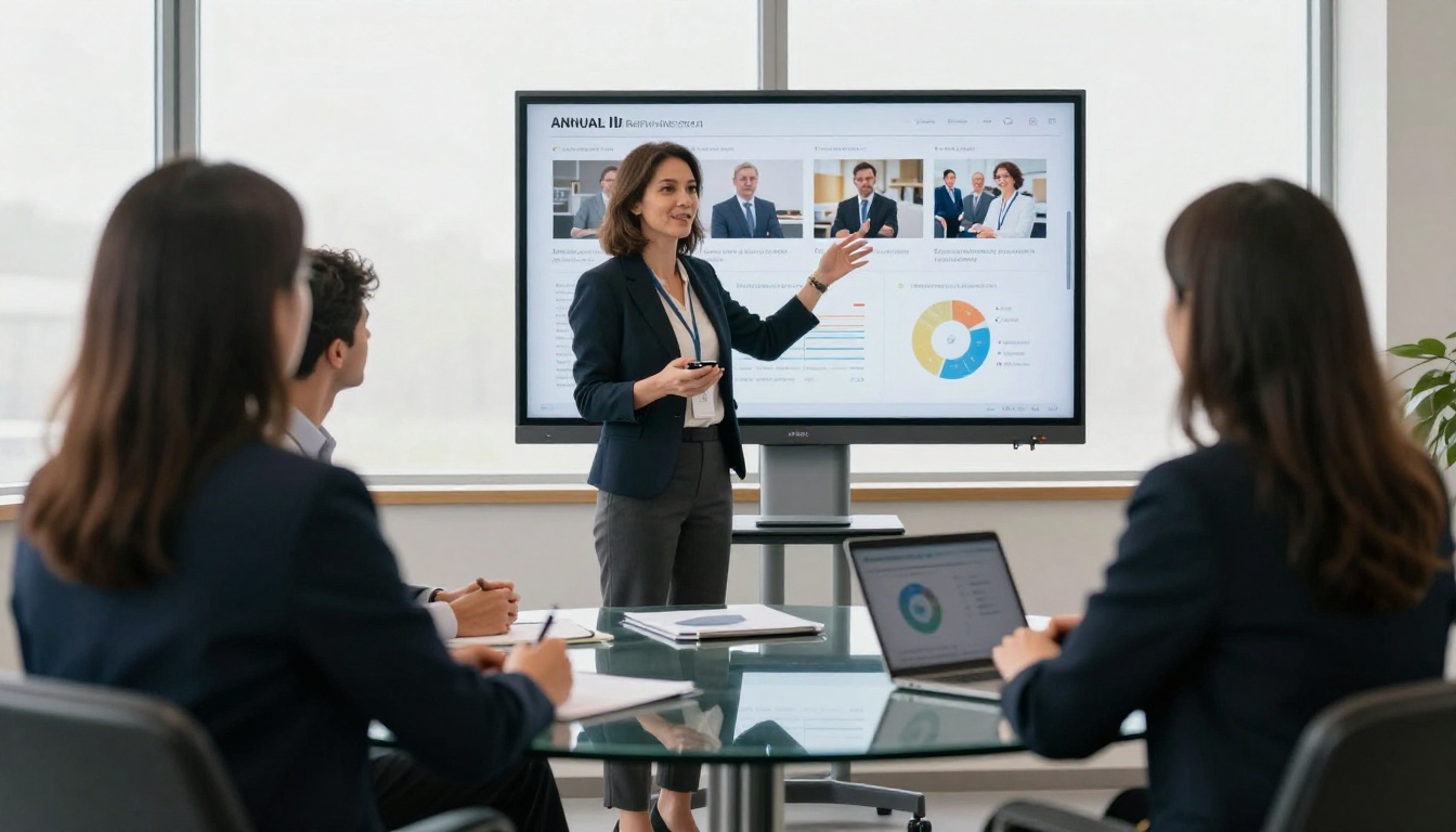 Businesswoman presenting digital flipbook annual report on conference room monitor Businesswoman presenting digital flipbook annual report on conference room monitor