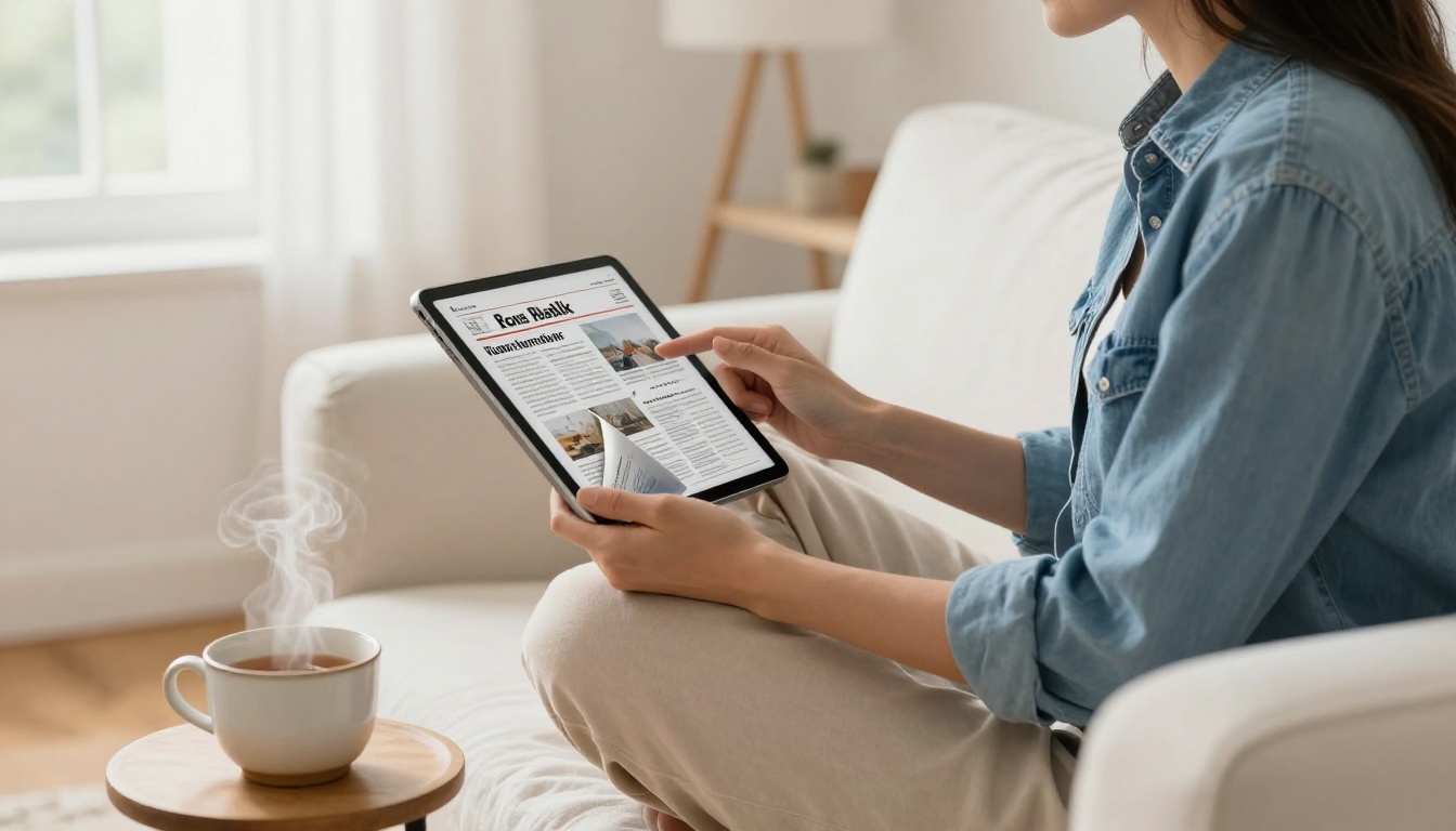 Woman sitting cross-legged on white linen sofa reading a digital flipbook on tablet, Scandinavian living room with afternoon light