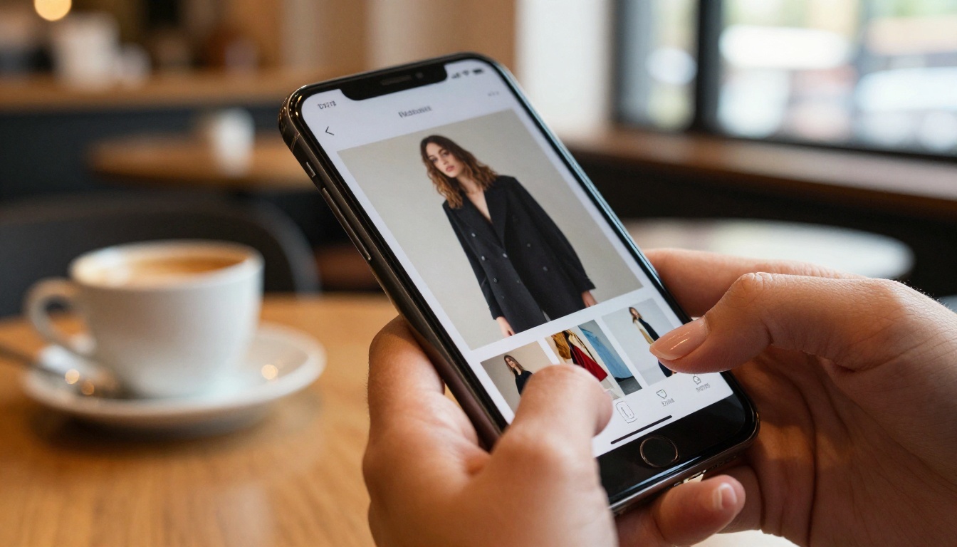 Close-up of hands holding smartphone displaying fashion catalog flipbook in a cozy cafe Close-up of hands holding smartphone displaying fashion catalog flipbook in a cozy cafe