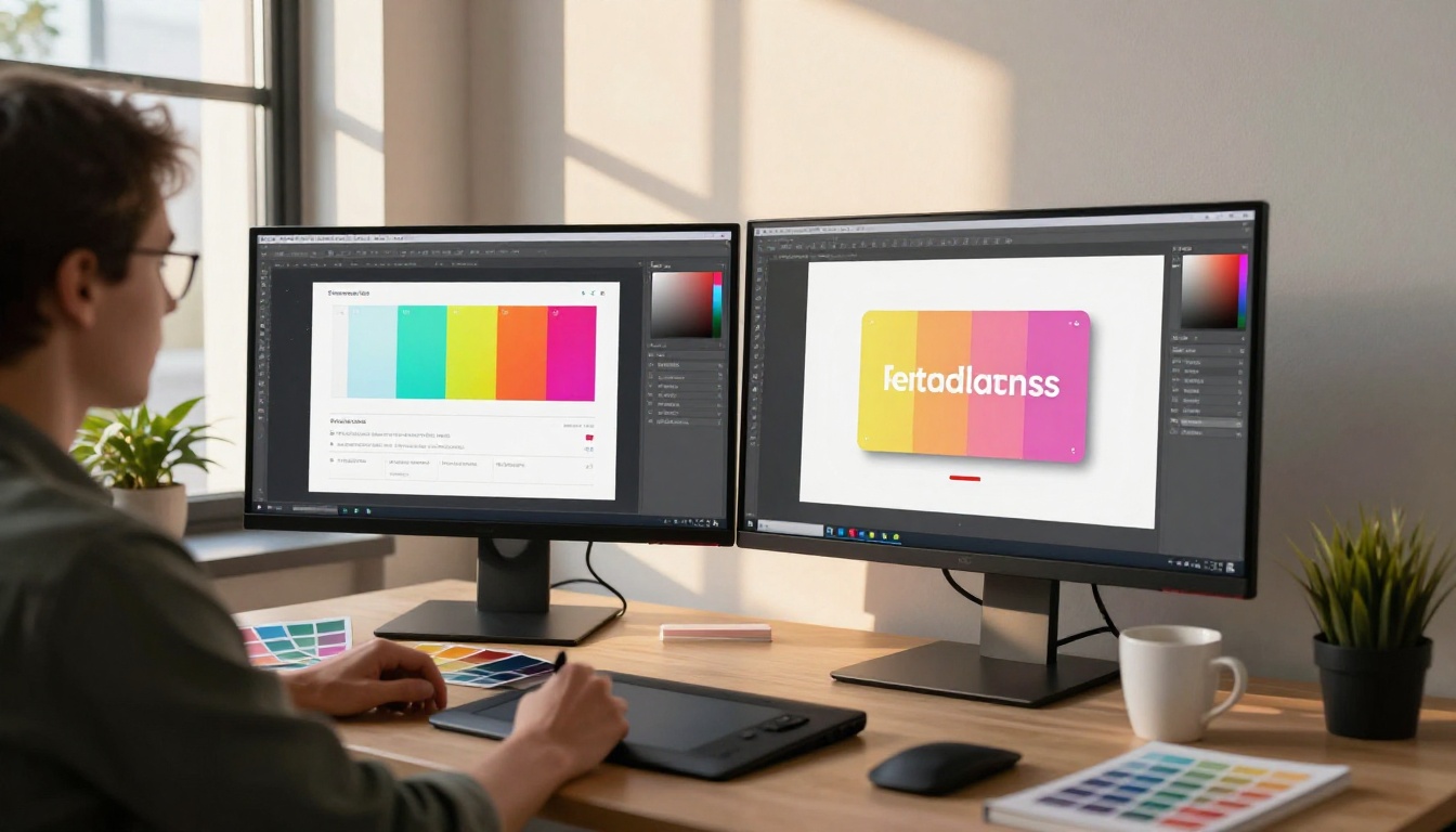 Graphic designer customizing flipbook branding on dual monitor setup in creative studio Graphic designer customizing flipbook branding on dual monitor setup in creative studio