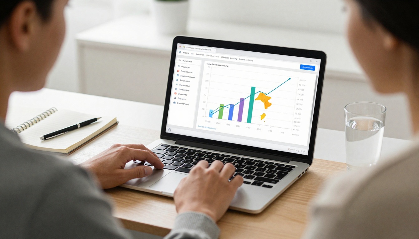 Professional reviewing document performance metrics on laptop analytics dashboard Professional reviewing document performance metrics on laptop analytics dashboard