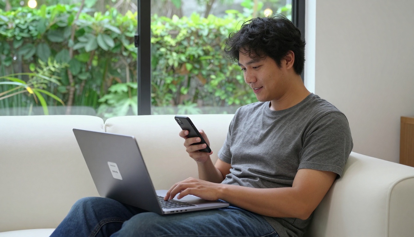 Startup founder sharing flipbook link via smartphone while working on laptop in bright home office Startup founder sharing flipbook link via smartphone while working on laptop in bright home office