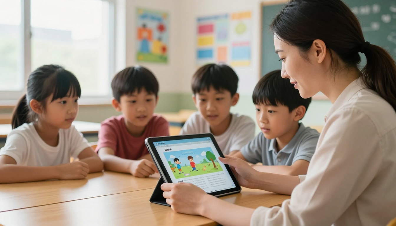 Female teacher showing digital flipbook textbook to students gathered around a tablet in classroom Female teacher showing digital flipbook textbook to students gathered around a tablet in classroom