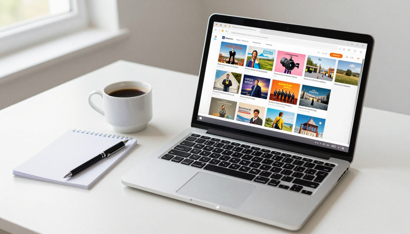 A laptop on a clean desk showing a flipbook platform dashboard with colorful publication thumbnails