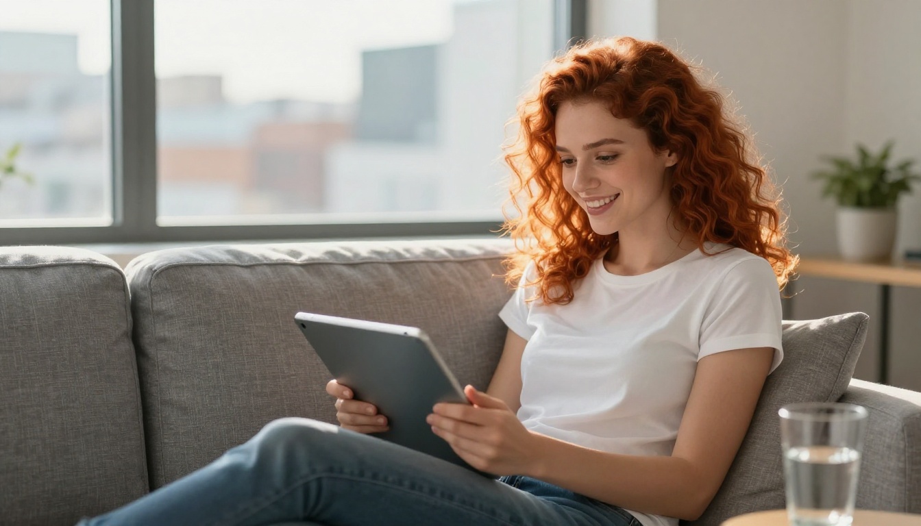 Woman sitting cross-legged on a grey sofa swiping through a digital flipbook on a tablet with afternoon sunlight behind her