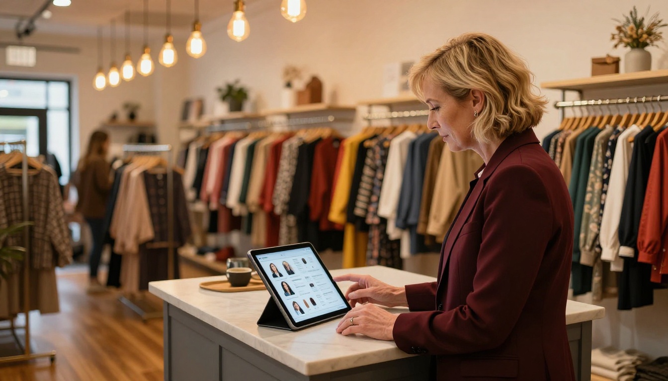 Small business owner in a boutique clothing store showing a digital catalog flipbook on a tablet to a customer across the counter