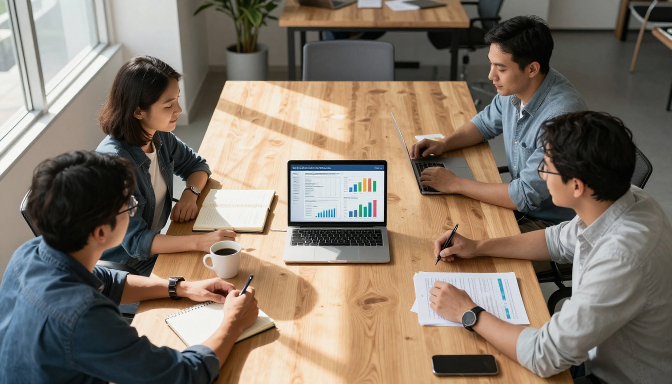 Aerial view of four people gathered around a laptop at a conference table reviewing analytics charts